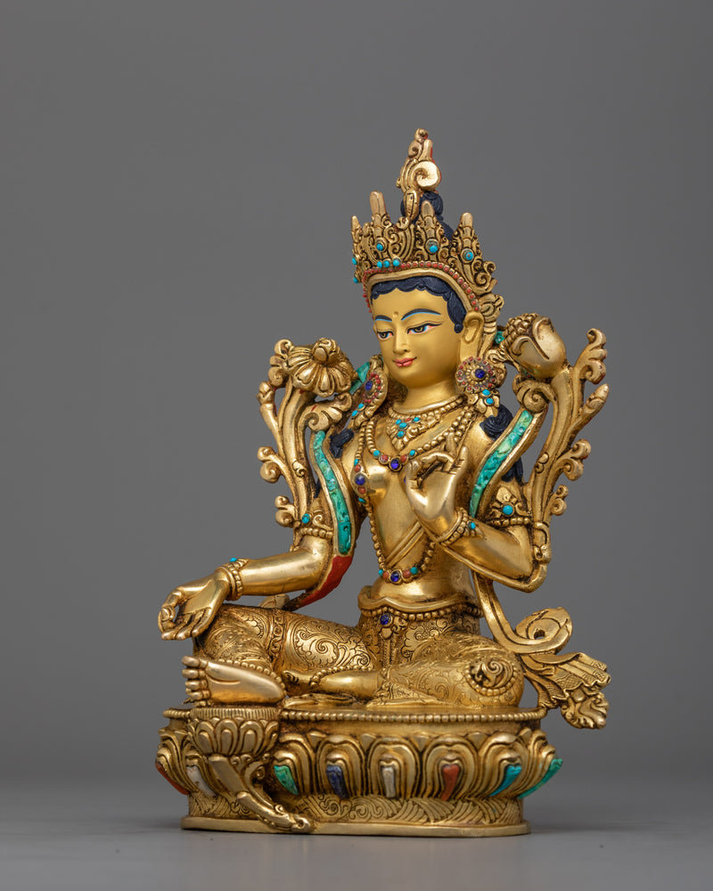 Ritualistic Green Tara Pure Land Statue | 24K Gold Gilded Tibetan Bodhisattva Sculpture