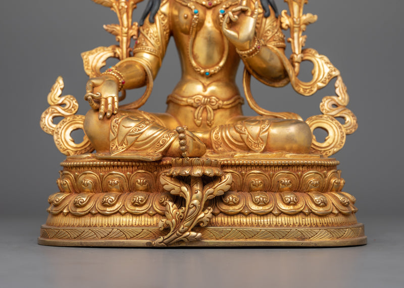 Traditionally Handcarved Green Tara Statue | Feminine Buddhist Protector