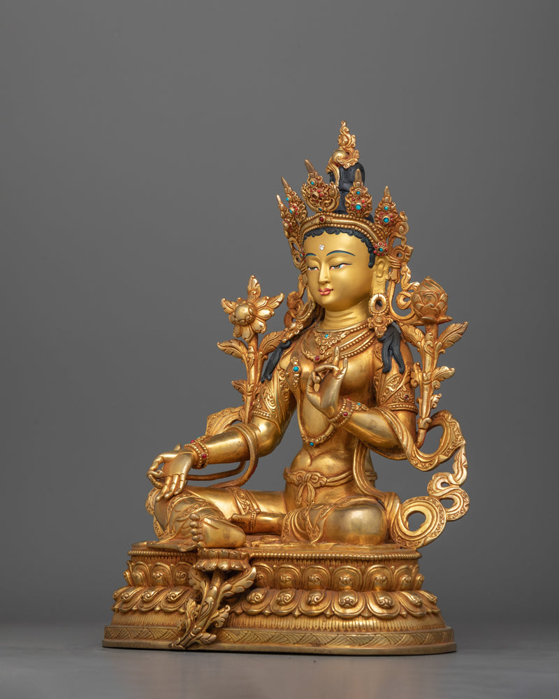 Traditionally Handcarved Green Tara Statue | Feminine Buddhist Protector