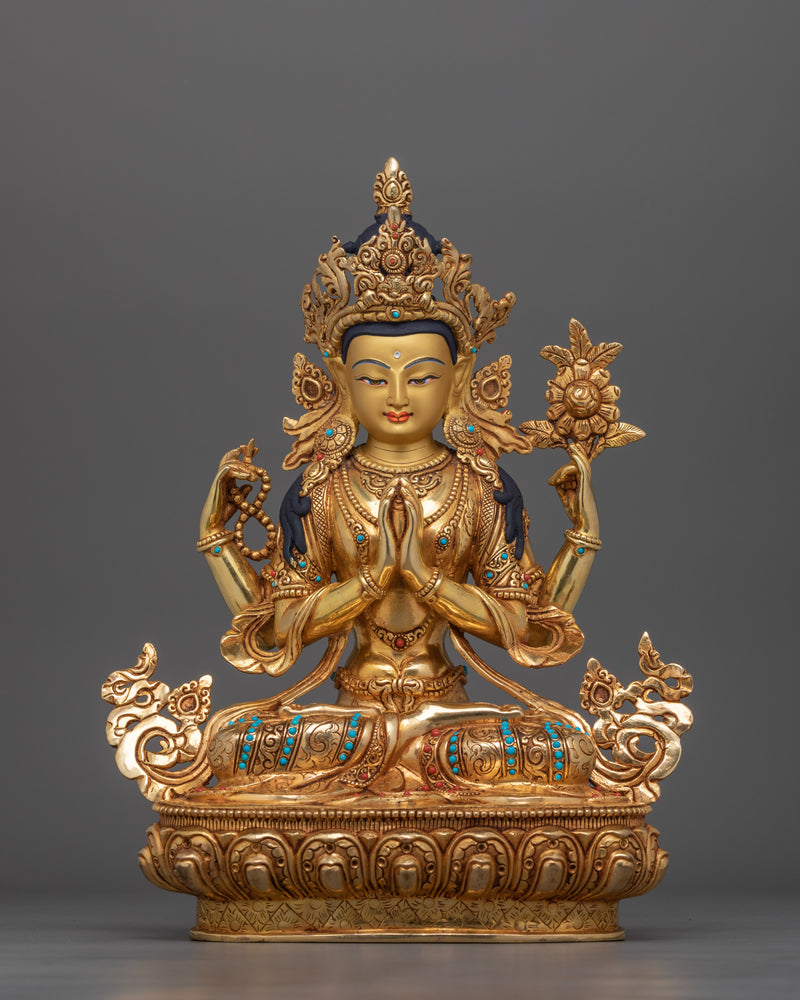 Symbol of Compassion Chenrezig Bodhisattva Statue | Four-Armed Deity Sculpture