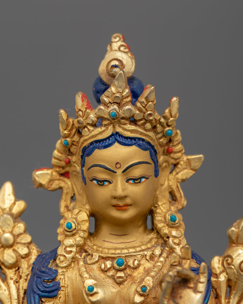 Green Tara Handcarved Statue | 24K Gold-Gilded Copper Artwork