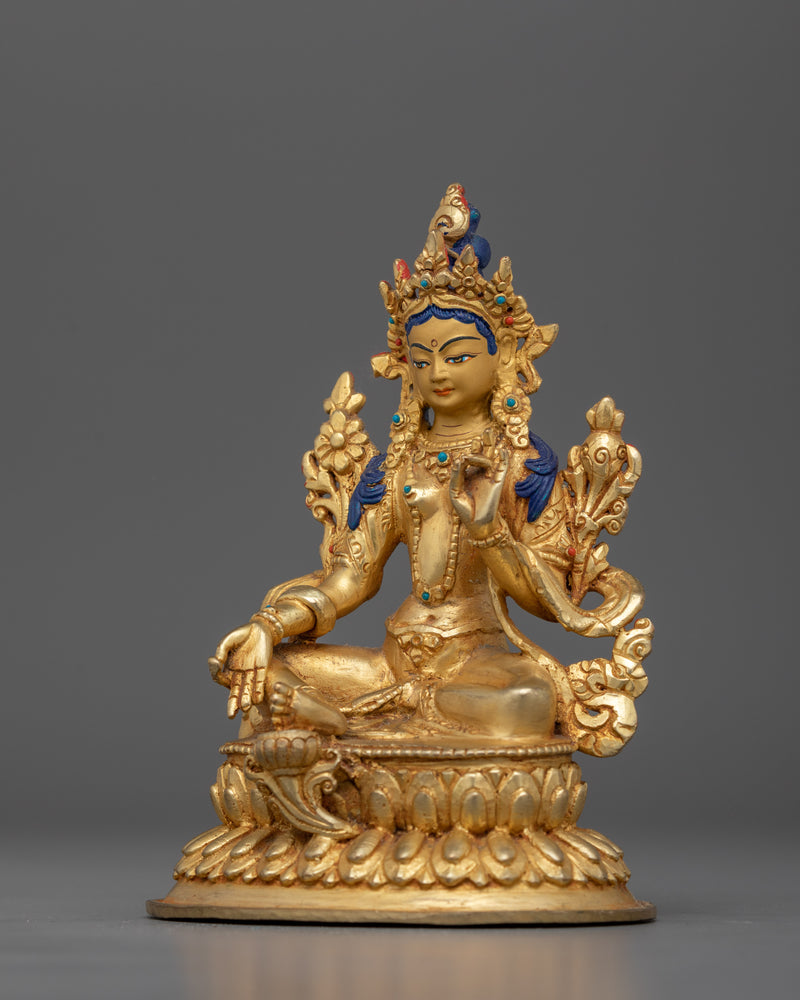 Green Tara Handcarved Statue | 24K Gold-Gilded Copper Artwork