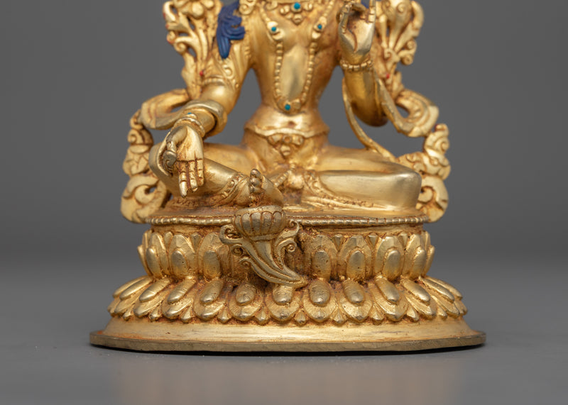 Green Tara Handcarved Statue | 24K Gold-Gilded Copper Artwork