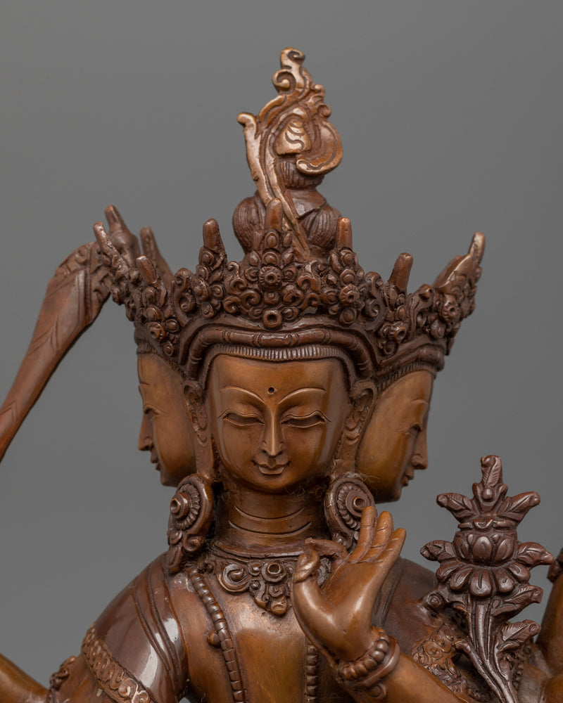 Traditional Tri- Faced Maha Manjushri Sculpture | Religious Himalayan Zen Artwork