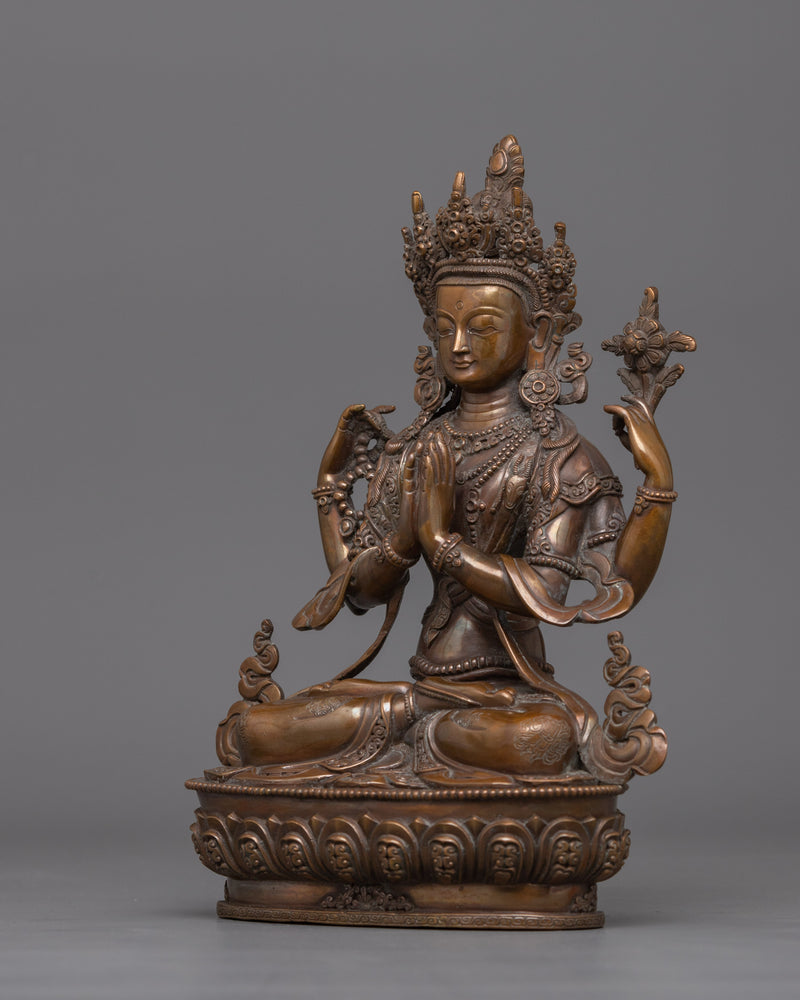 Handcarved Oxidized Small Chenrezig Statue | Tibetan Shrine Decor