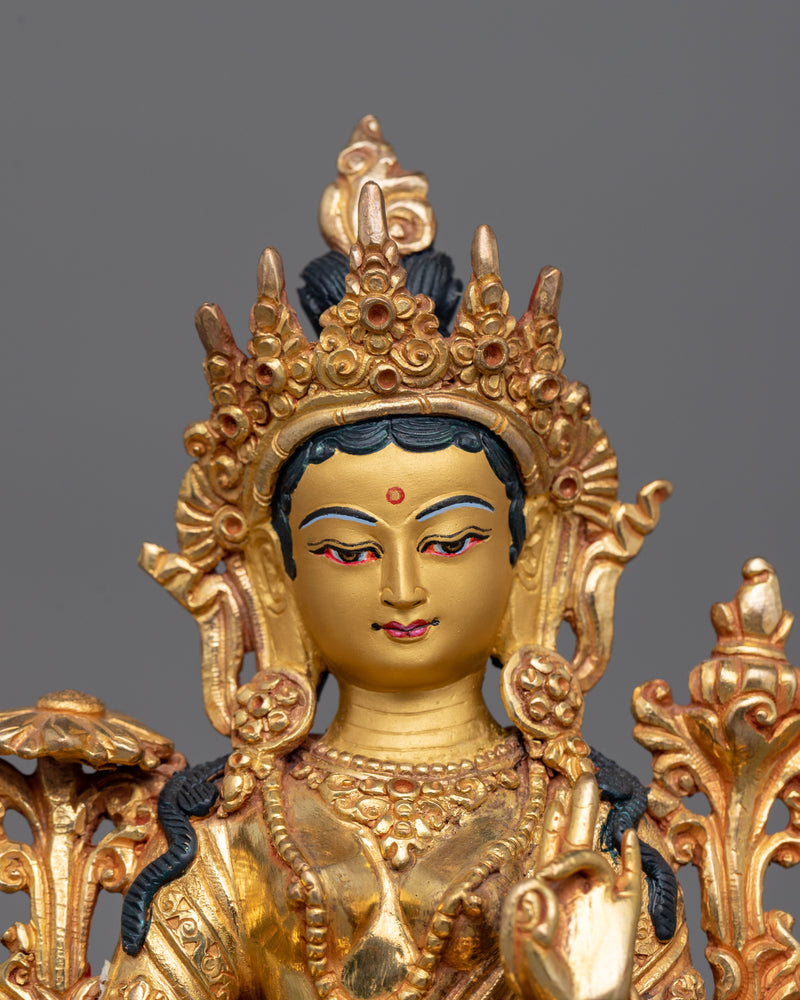 24K Gold Gilded Green Tara Sculpture for Altar | Compassionate Deity Art