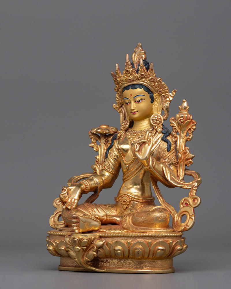 24K Gold Gilded Green Tara Sculpture for Altar | Compassionate Deity Art