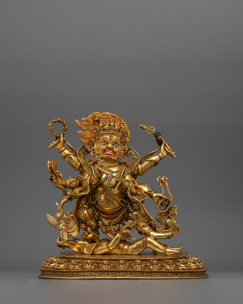 Six-Armed Mahakala Protector Deity Statue | 24K Gold Protector Artwork