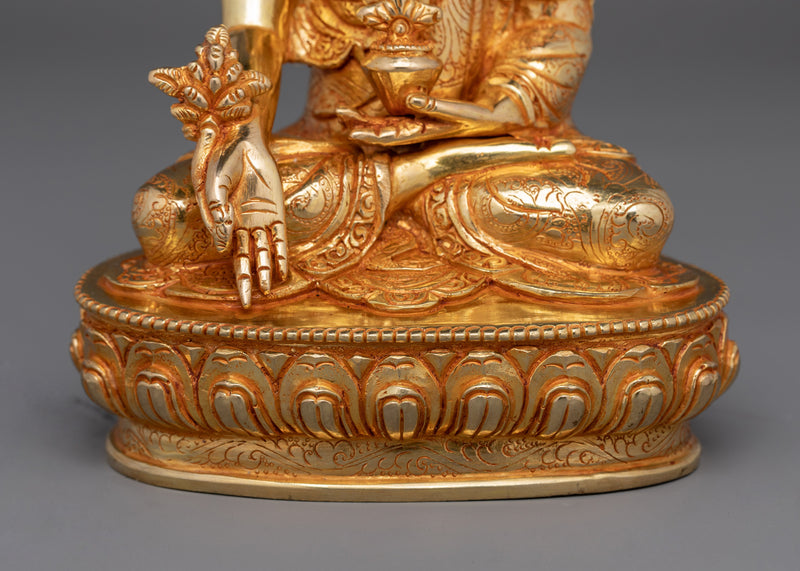 Bhaisajyaguru Peaceful Medicine Buddha Figurine | 24K Gold Gilded Healing Artwork