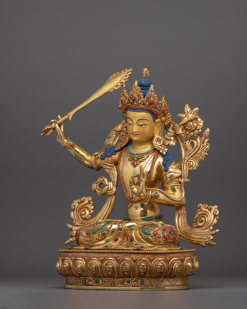 Bodhisattva of Wisdom Manjushri Dharma Decor | Traditional 24K Gold Gilded Art