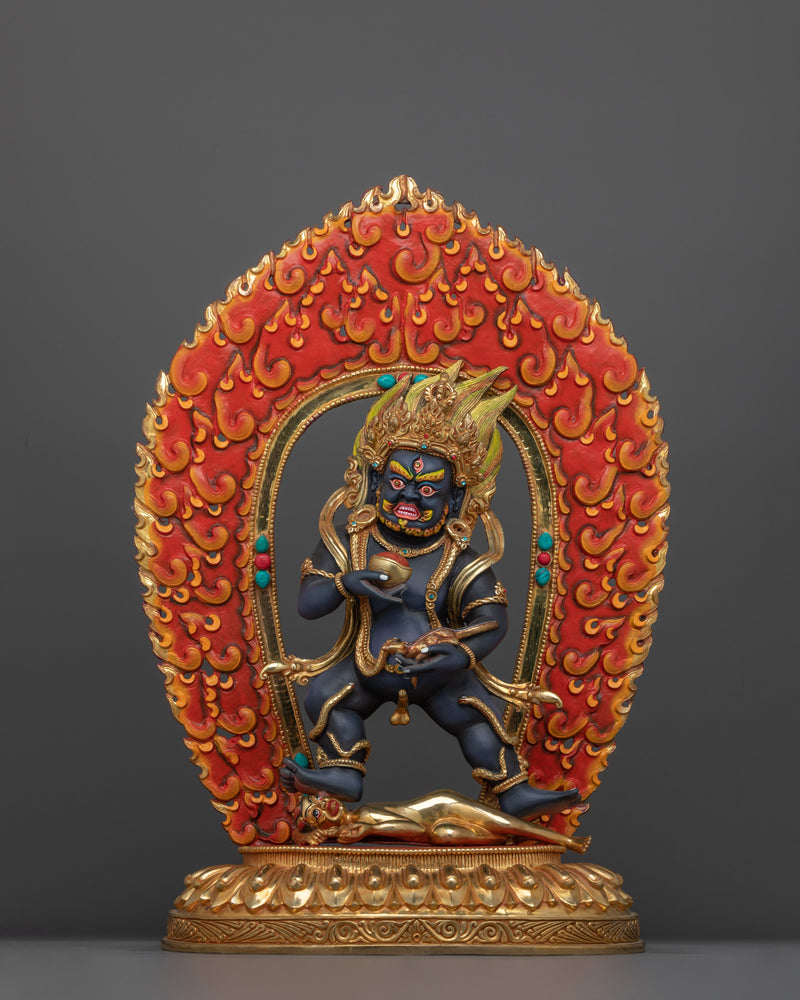 Hand-Carved Wrathful Black Dzambhala Statue | 24K Gold Gilded Tibetan Sculpture