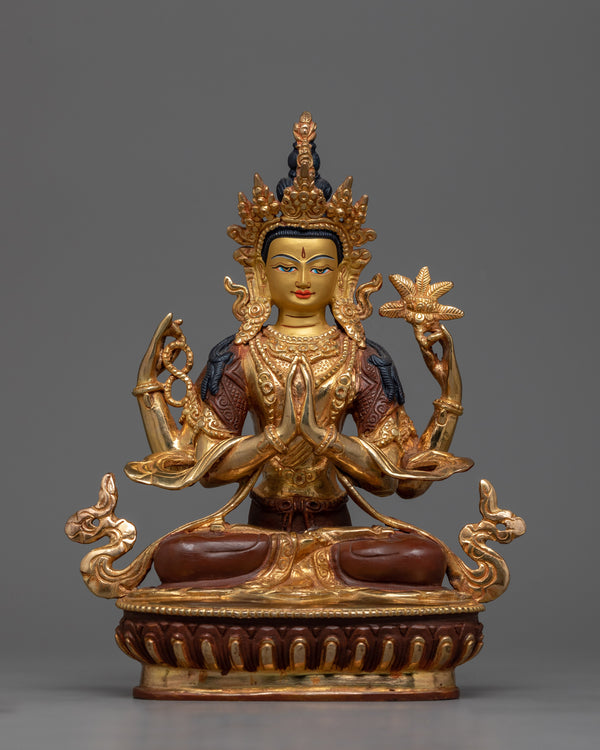 4-Armed Bodhisattva Chenrezig Statue | Gold Gilded Copper Art from Nepal