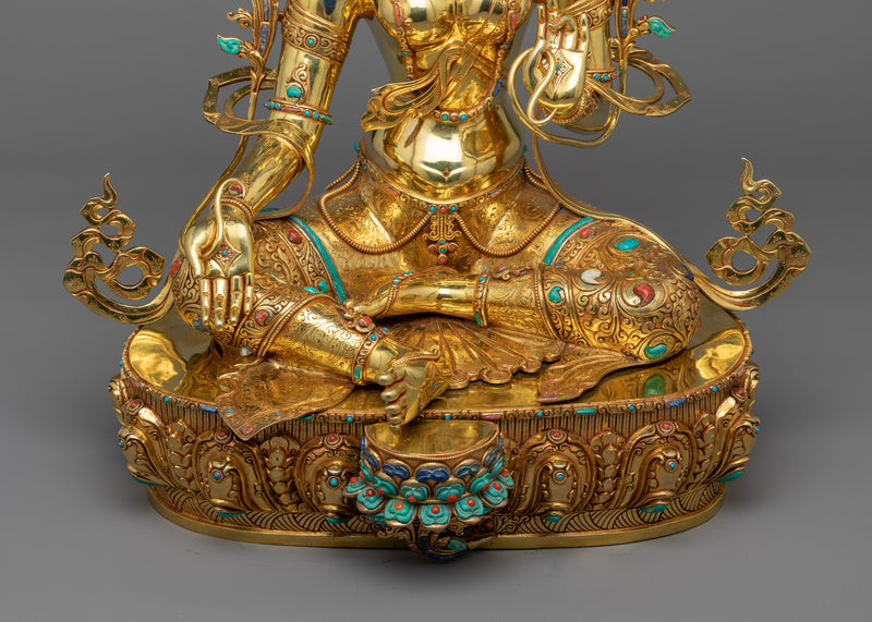 Exquisite Sgrol-ljang Green Tara Statue | 24K Gold Gilded Copper Sculpture