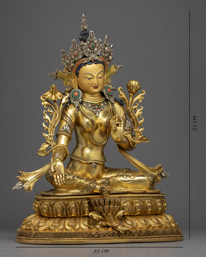 Green Tara Gold Sculpture | Goddess of Compassion