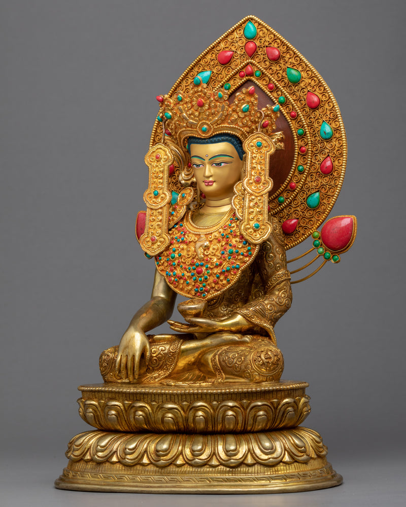 Crowned Shakyamuni Buddha Gold Sculpture | Traditional Himalayan Art