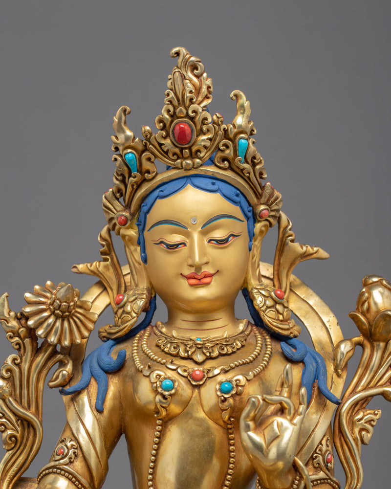 Green Tara Gold Gilded Sculpture | Buddhist Mother Tara Art