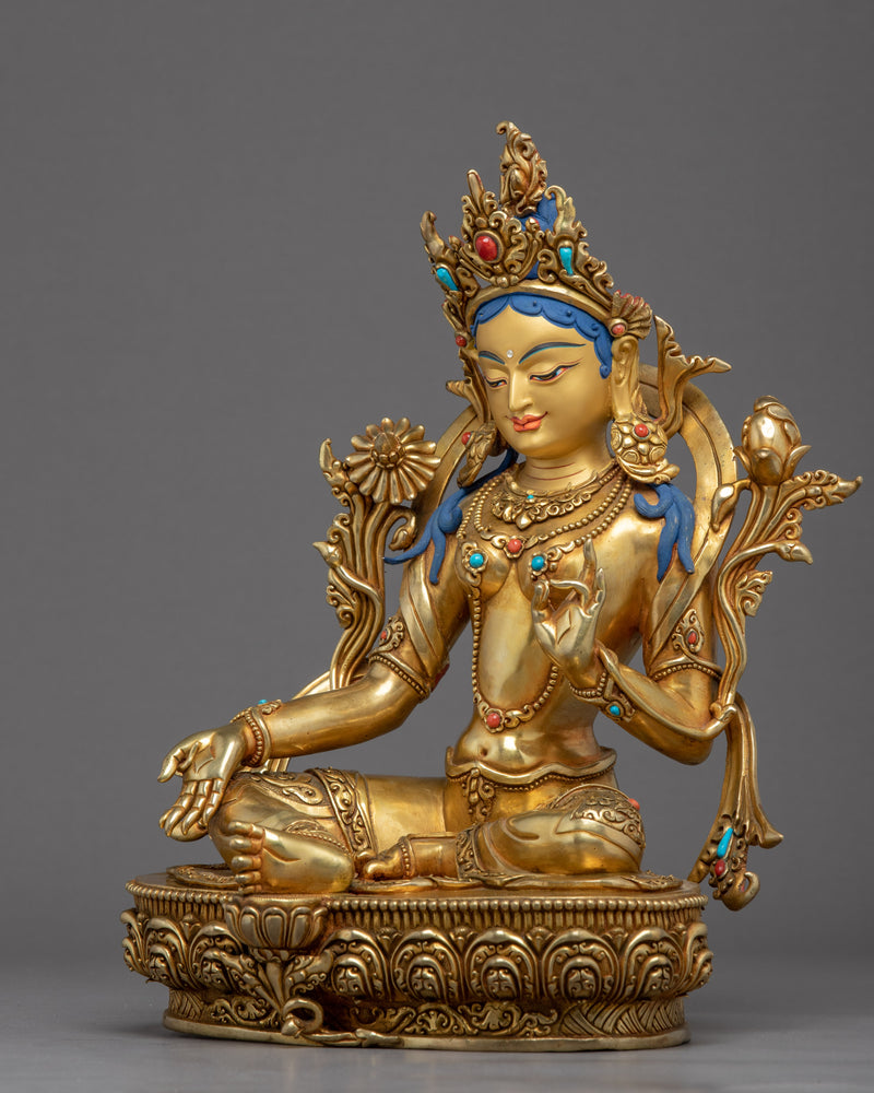 Green Tara Gold Gilded Sculpture | Buddhist Mother Tara Art