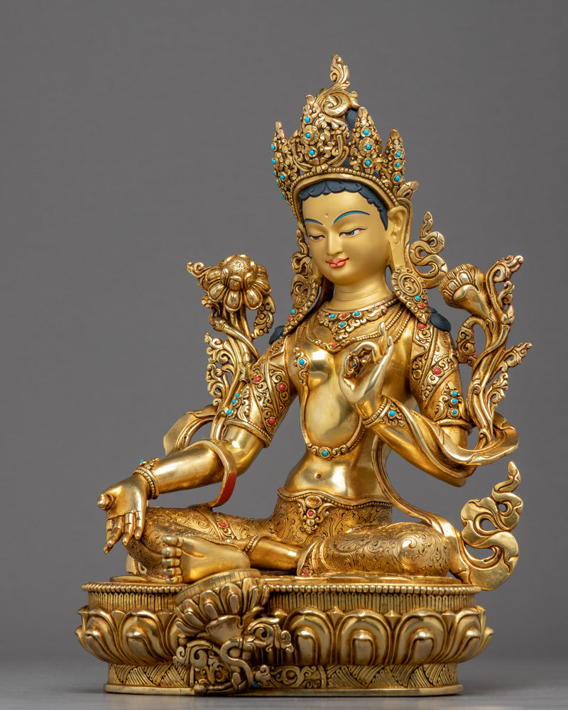 Green Tara Lotus Sculpture | Tibetan Handcrafted Art