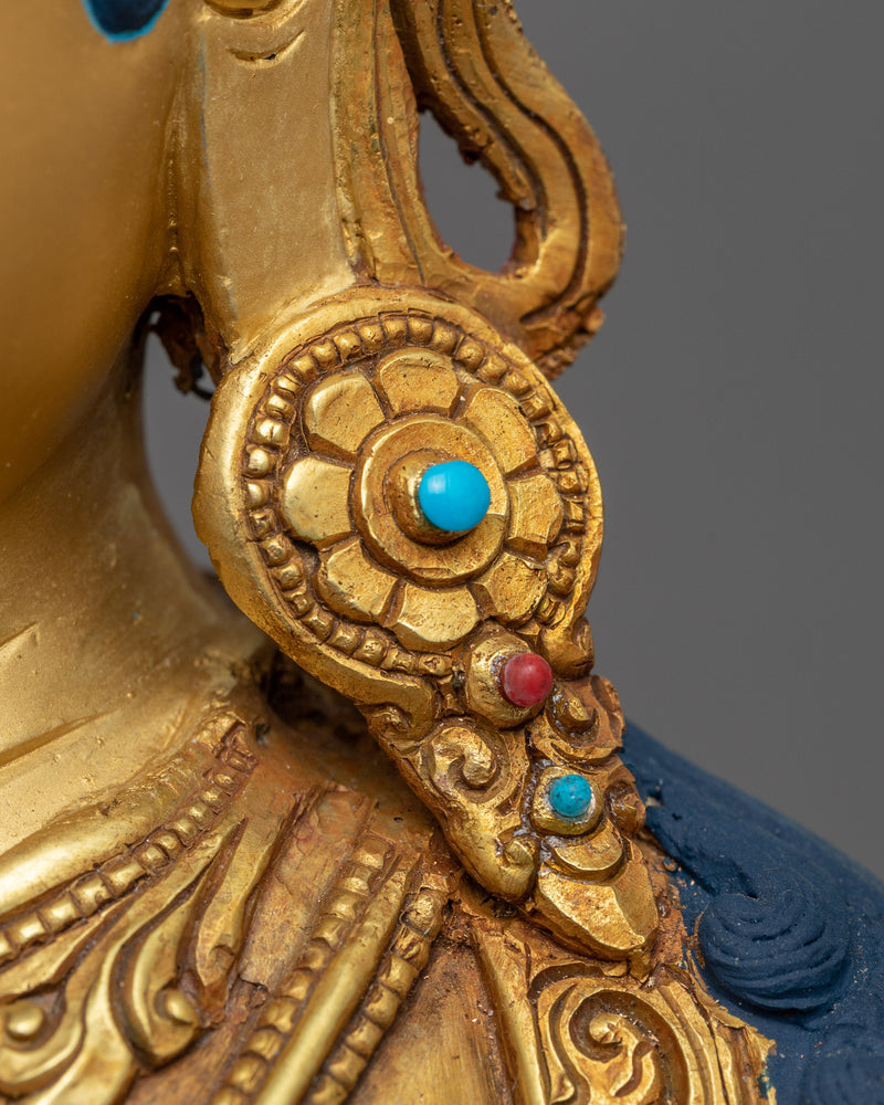 Traditionally Gold-Gilded Green Tara Mudra Practice Statue | Tibetan Art Plated with Gold