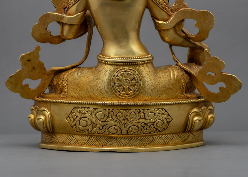 Traditionally Gold-Gilded Green Tara Mudra Practice Statue | Tibetan Art Plated with Gold