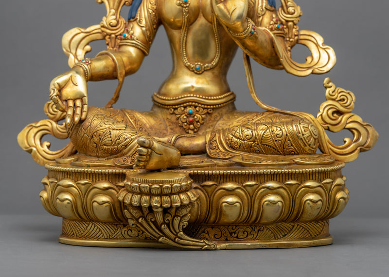 Traditionally Gold-Gilded Green Tara Mudra Practice Statue | Tibetan Art Plated with Gold