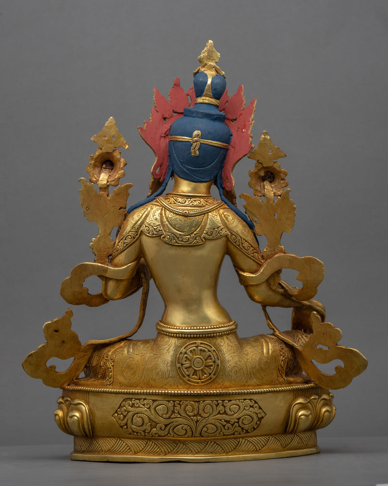 Traditionally Gold-Gilded Green Tara Mudra Practice Statue | Tibetan Art Plated with Gold