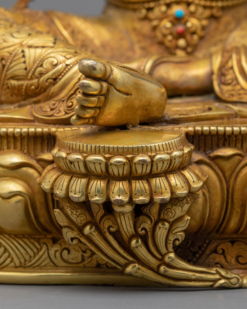 Traditionally Gold-Gilded Green Tara Mudra Practice Statue | Tibetan Art Plated with Gold