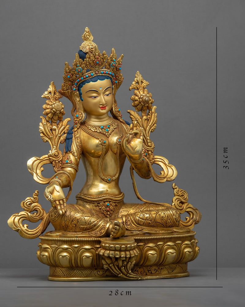 Traditionally Gold-Gilded Green Tara Mudra Practice Statue | Tibetan Art Plated with Gold