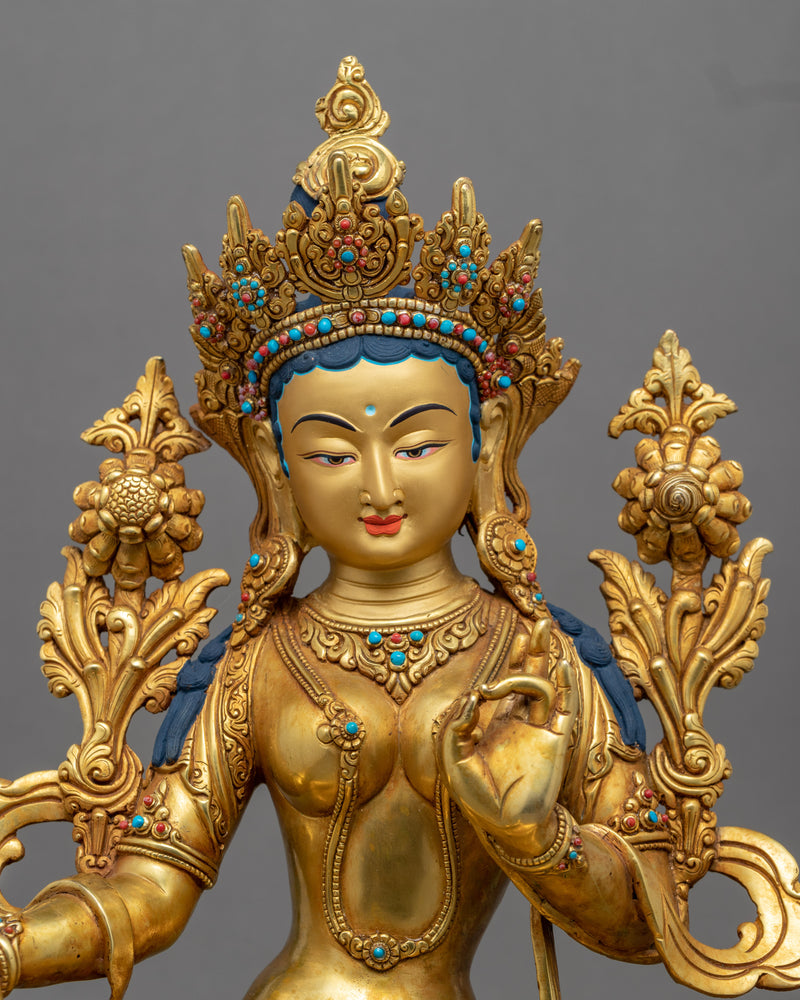 Traditionally Gold-Gilded Green Tara Mudra Practice Statue | Tibetan Art Plated with Gold