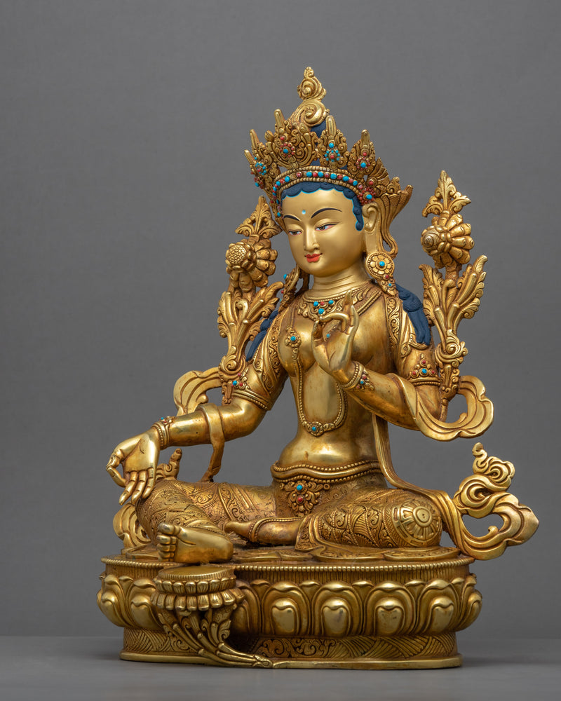 Traditionally Gold-Gilded Green Tara Mudra Practice Statue | Tibetan Art Plated with Gold