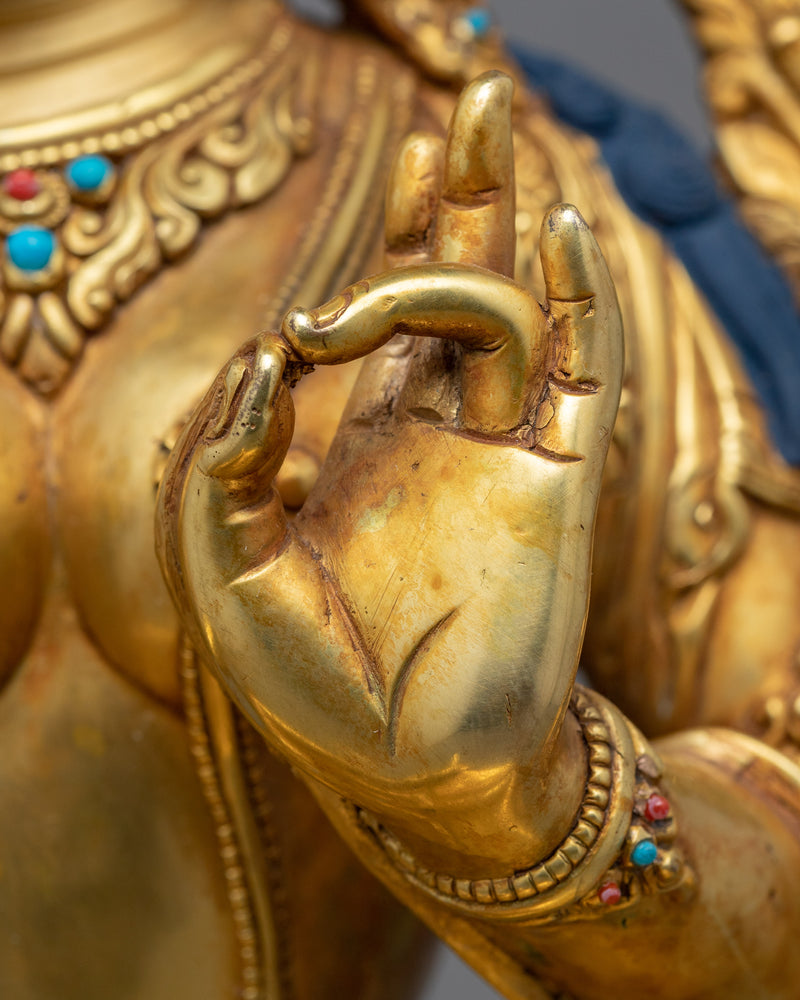 Traditionally Gold-Gilded Green Tara Mudra Practice Statue | Tibetan Art Plated with Gold