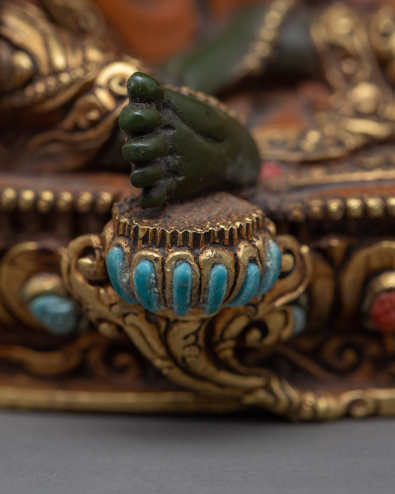 Green Tara Mantra Symbol Statue | Gold-Gilded Acrylic Painted Sculpture Of Mother Tara