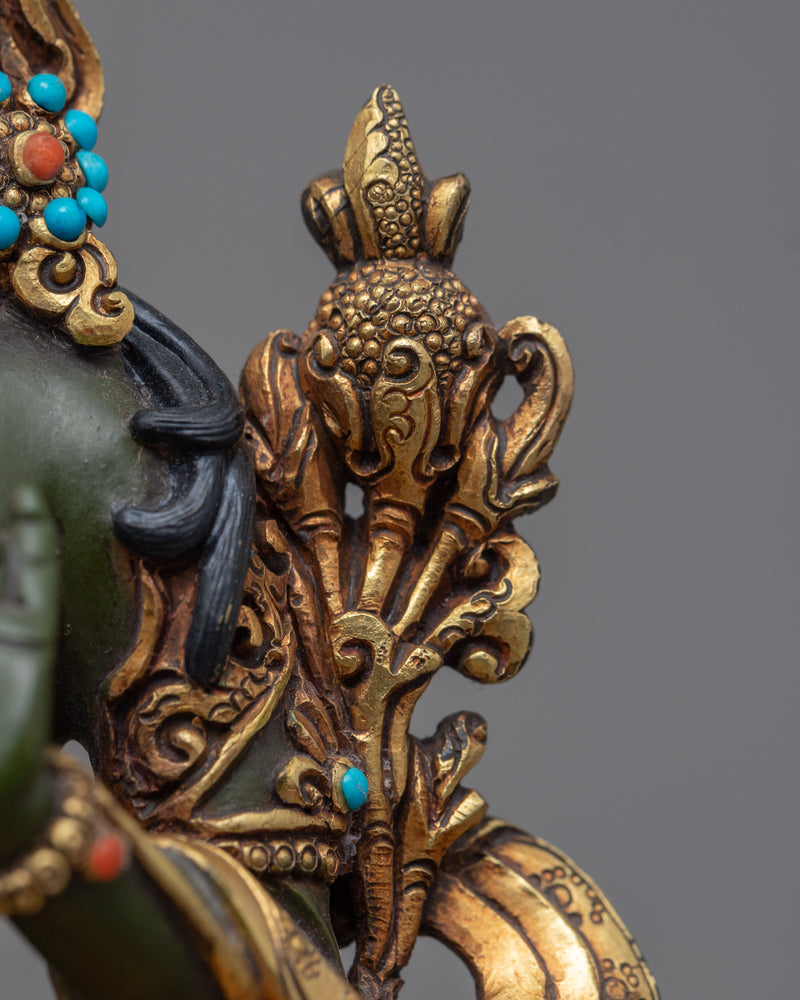 Green Tara Mantra Symbol Statue | Gold-Gilded Acrylic Painted Sculpture Of Mother Tara