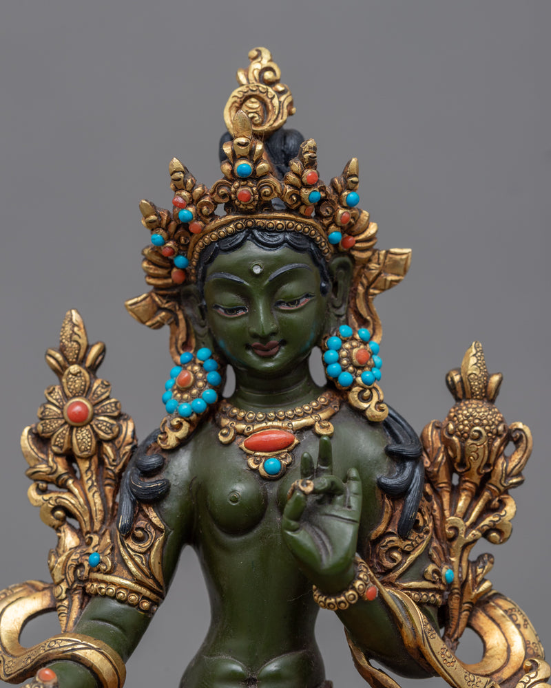 Green Tara Mantra Symbol Statue | Gold-Gilded Acrylic Painted Sculpture Of Mother Tara