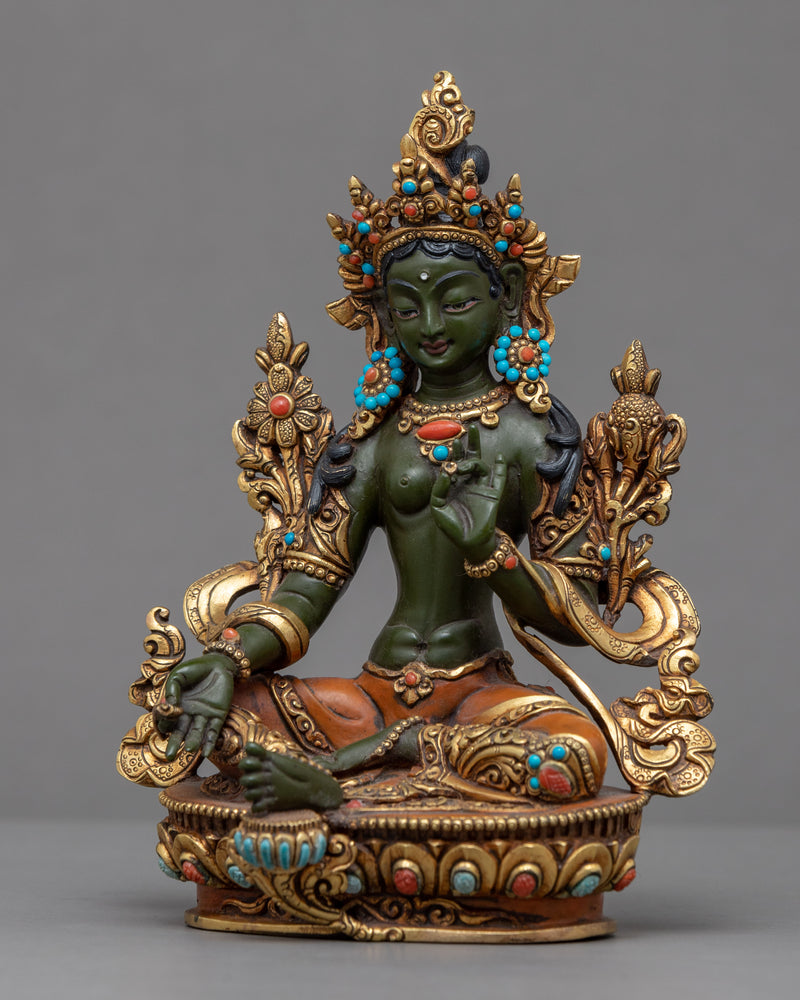 Green Tara Mantra Symbol Statue | Gold-Gilded Acrylic Painted Sculpture Of Mother Tara