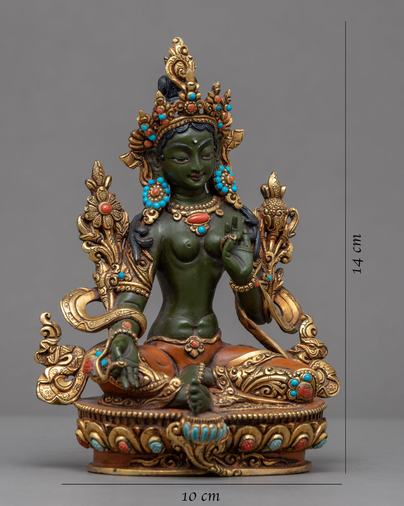 Green Tara Mantra Symbol Statue | Gold-Gilded Acrylic Painted Sculpture Of Mother Tara