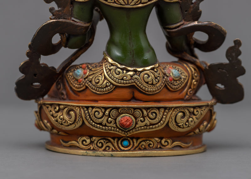 Green Tara Mantra Symbol Statue | Gold-Gilded Acrylic Painted Sculpture Of Mother Tara