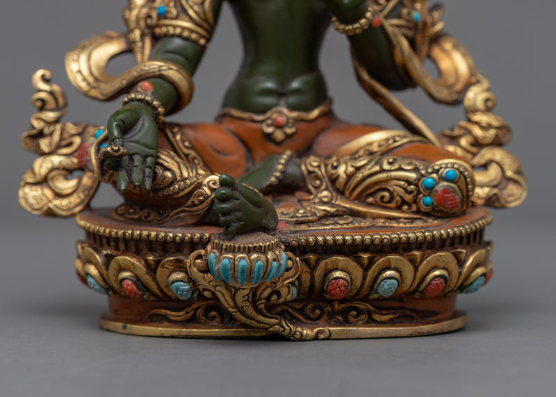 Green Tara Mantra Symbol Statue | Gold-Gilded Acrylic Painted Sculpture Of Mother Tara