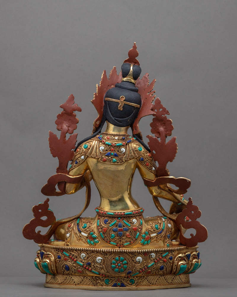 Green Tara Altar Statue | Gold-Gilded Tara Sculpture For Meditation