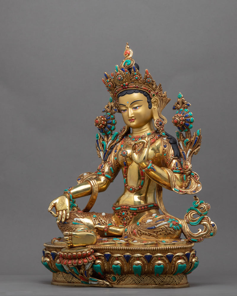 Green Tara Altar Statue | Gold-Gilded Tara Sculpture For Meditation