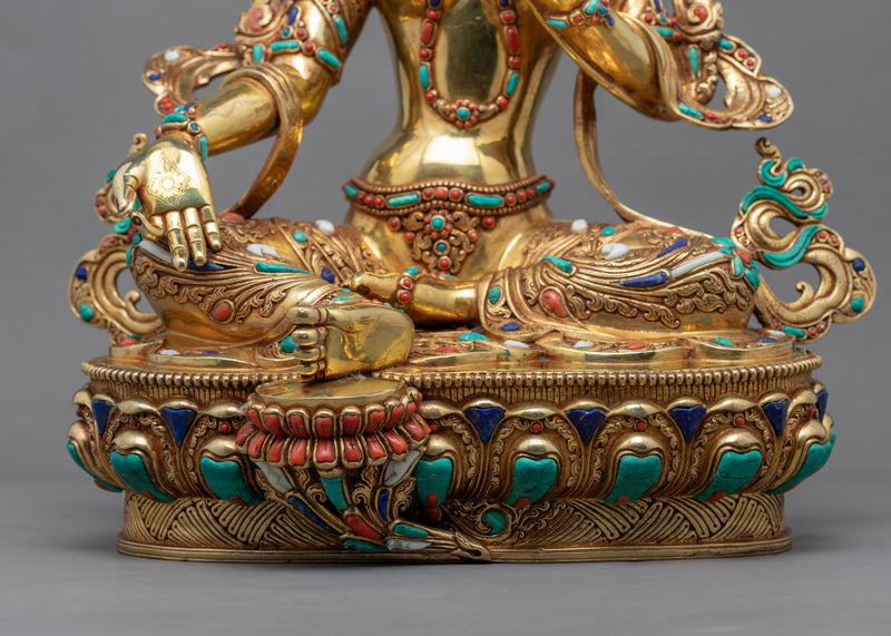 Green Tara Altar Statue | Gold-Gilded Tara Sculpture For Meditation