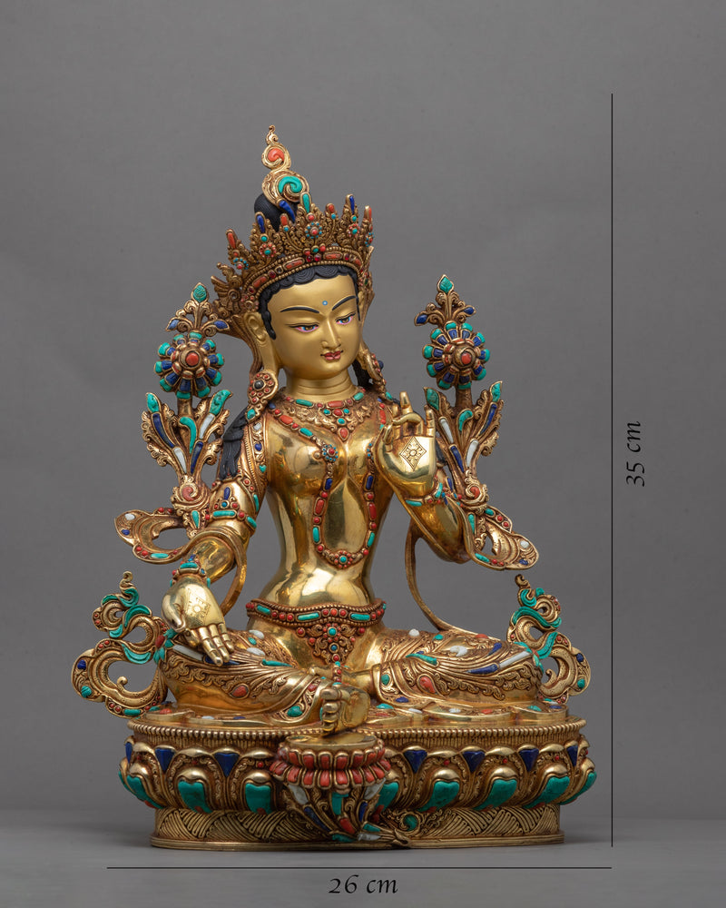 Green Tara Altar Statue | Gold-Gilded Tara Sculpture For Meditation