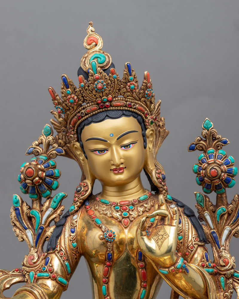 Green Tara Altar Statue | Gold-Gilded Tara Sculpture For Meditation