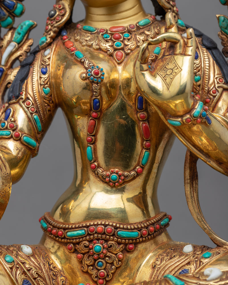 Green Tara Altar Statue | Gold-Gilded Tara Sculpture For Meditation