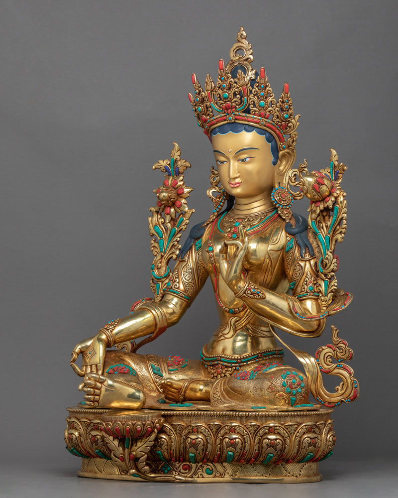 Green Tara Deity Sculpture | Tibetan Art Of Mother Tara Gilded With Gold