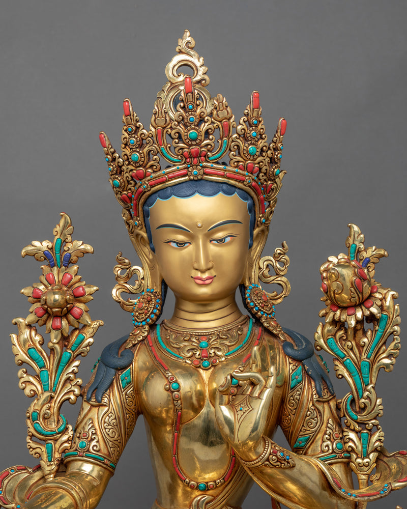 Green Tara Deity Sculpture | Tibetan Art Of Mother Tara Gilded With Gold