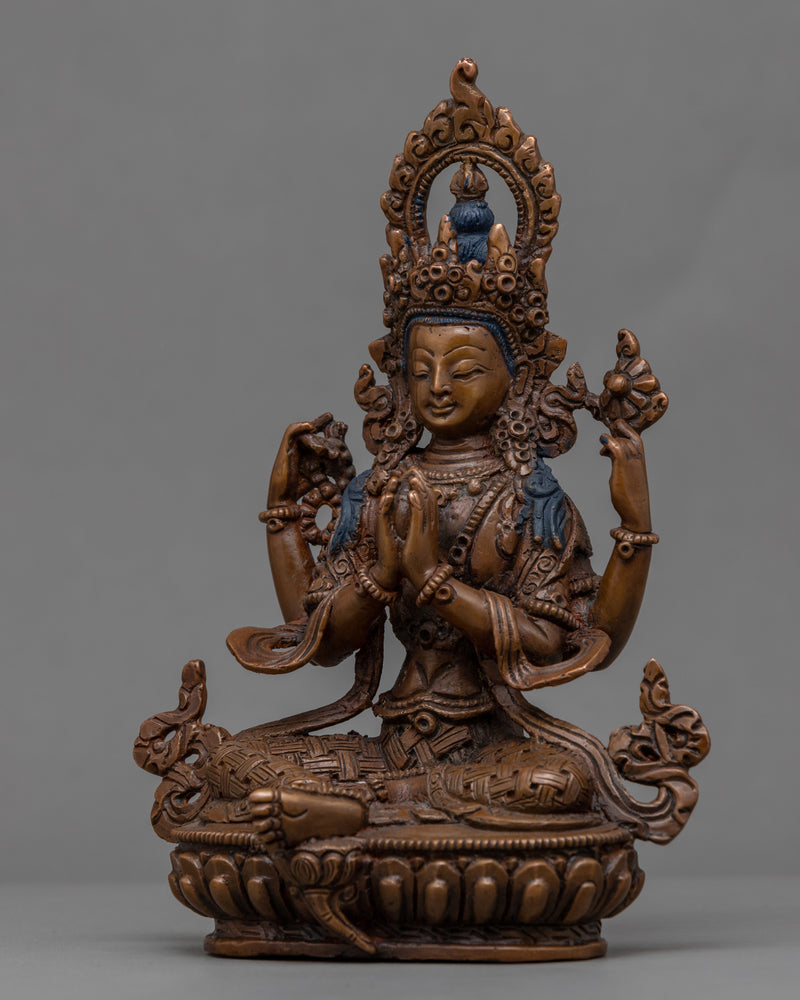 Oxidized Copper Statue For Short Chenrezig Practice | Tibetan Himalayan Bodhisattva Statue