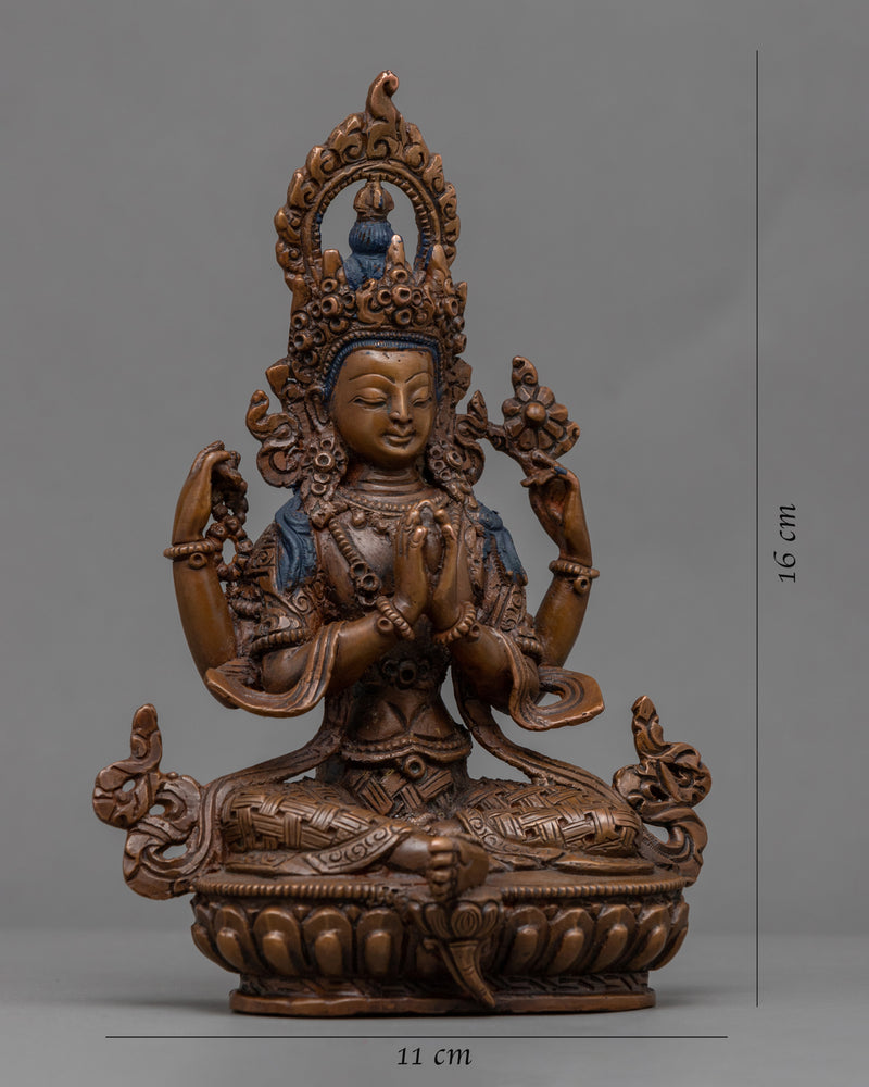 Oxidized Copper Statue For Short Chenrezig Practice | Tibetan Himalayan Bodhisattva Statue