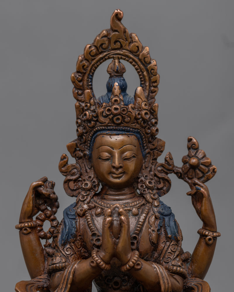 Oxidized Copper Statue For Short Chenrezig Practice | Tibetan Himalayan Bodhisattva Statue