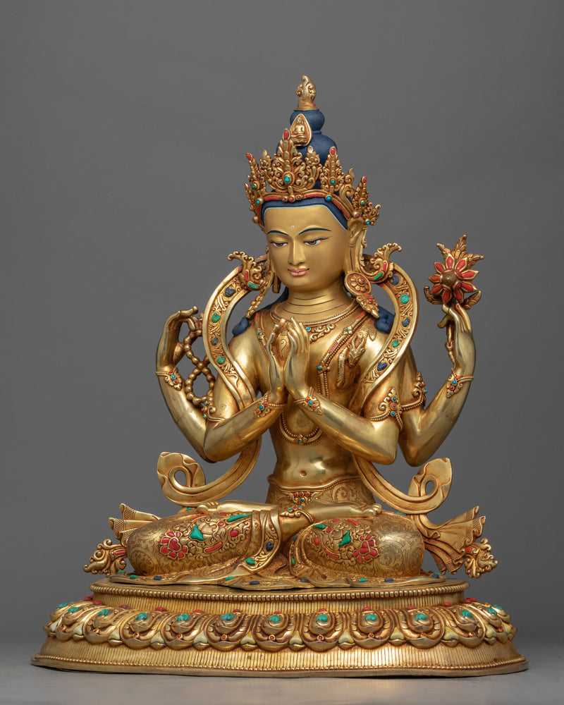 Gold-Gilded Statue For Chenrezig Mantra Tibetan Practice | Traditional Tibetan Art